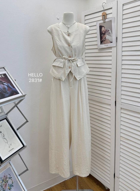 Round Neck Button Vest with Trousers Sets With Rope
